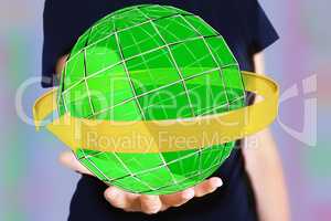 Hand holding sphere with orbiting arrow