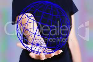 Hand holding grid sphere with orbiting arrow