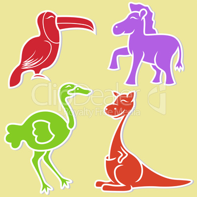 Toucan, pony, ostrich and kangaroo