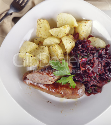 Bratwurst with Red Cabbage and Potatoes