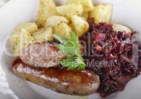 Bratwurst with Red Cabbage and Potatoes