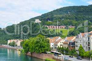 embankment city, mountain and sky