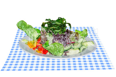 Salatteller auf blau weißer Tischdecke         Salad plate on b