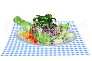 Salatteller auf blau weißer Tischdecke         Salad plate on b