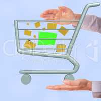 Hands holding shopping cart with file folders