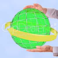 Hands holding globe with arrow