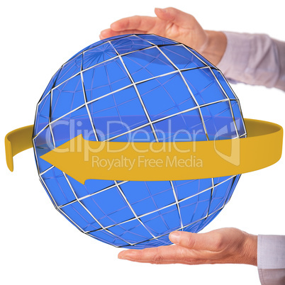 Hands holding globe with arrow