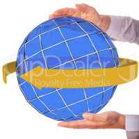 Hands holding globe with arrow