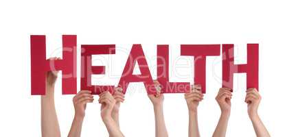 Many People Hands Holding Red Straight Word Health