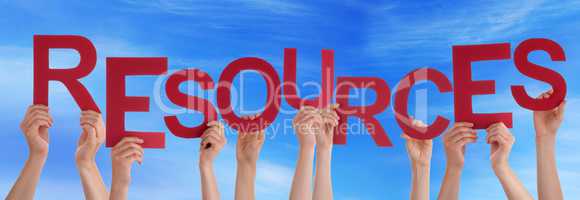 Many People Hands Holding Red Straight Word Resources Blue Sky
