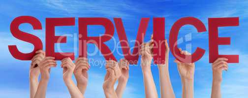 Many People Hands Holding Red Straight Word Service Blue Sky