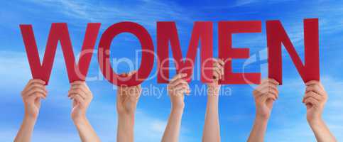 Many People Hands Holding Red Straight Word Women Blue Sky