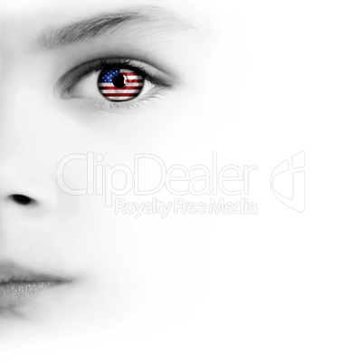 Child's face, eye and american flag