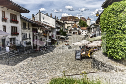 Main street in Gruyeres village, Fribourg, Switzerland