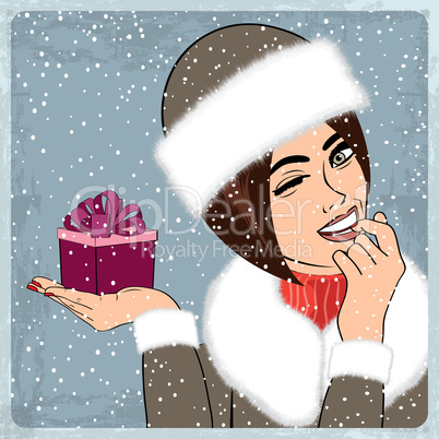 elegant young and happy woman in winter, retro Christmas card