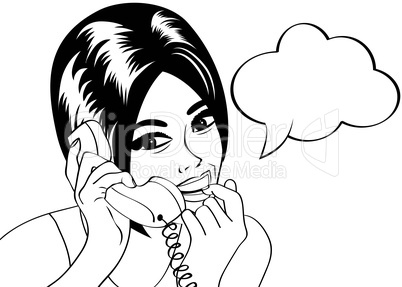 woman chatting on the phone, pop art illustration in black and w