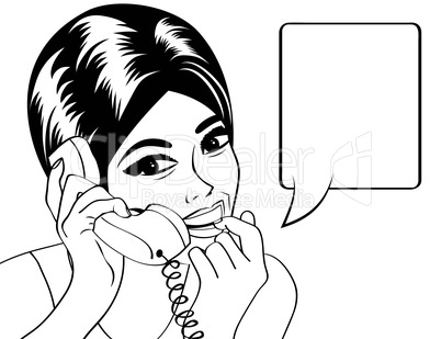 woman chatting on the phone, pop art illustration in black and w