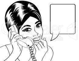 woman chatting on the phone, pop art illustration in black and w