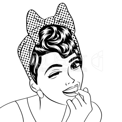 pop art cute retro woman in comics style in black and white