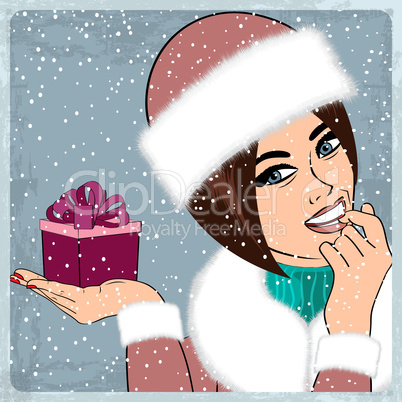 elegant young and happy woman in winter, retro Christmas card