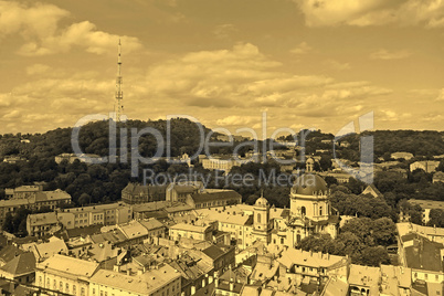 Lviv in Ukraine central district skyline, sepia
