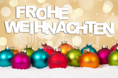 Frohe Weihnachten viele bunte Weihnachtskugeln gold Hintergrund