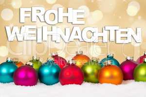 Frohe Weihnachten viele bunte Weihnachtskugeln gold Hintergrund