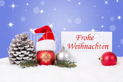 Weihnachtskarte mit Mütze frohe Weihnachten mit Schnee und Ster