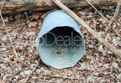 Empty metal drain pipe under log on dead leaves