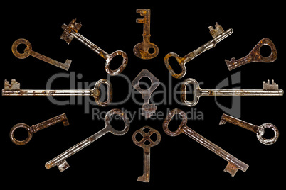 Set of old keys, isolated on black background