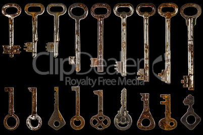 Set of old keys, isolated on black background
