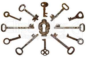 Set of old keys, isolated on white background
