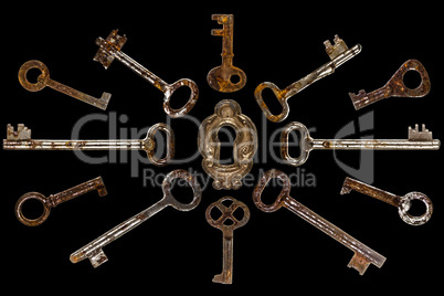 Set of old keys, isolated on black background