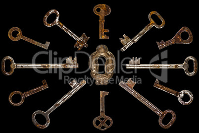 Set of old keys, isolated on black background