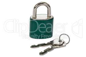 Close up lock and keys on white background