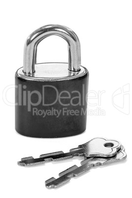 Close up lock and keys on white background