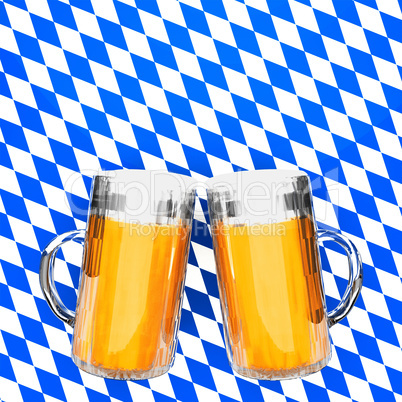Two filled beer glasses on Bavarian flag