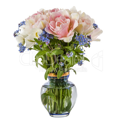 Bouquet of flowers in a vase, tulips and forget-me-not, isolated