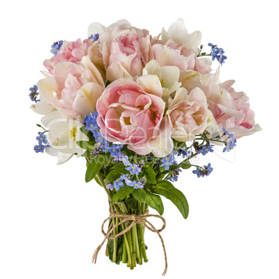 Bouquet of tulips and forget-me-not, isolated on white backgroun