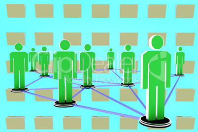 Virtual network with human figures and office folders