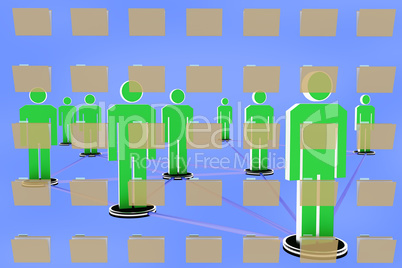 Virtual network with human figures and office folders