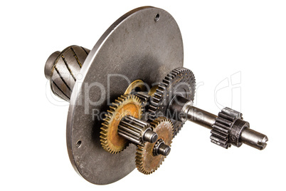 Gear wheels of reducer motor, isolated on white background