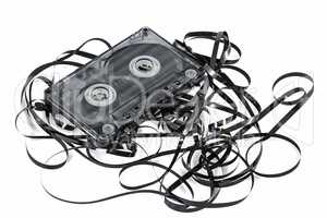 Close up of vintage audio tape cassette, isolated on white, with