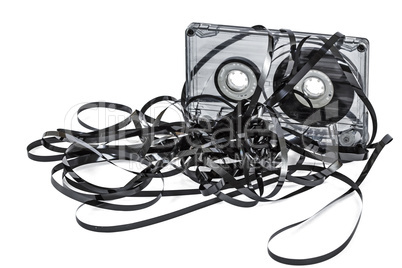 Close up of vintage audio tape cassette, isolated on white, with