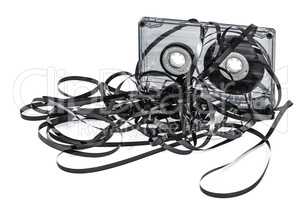 Close up of vintage audio tape cassette, isolated on white, with