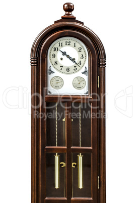 Antique clock with wood carved decoration, isolated on white bac