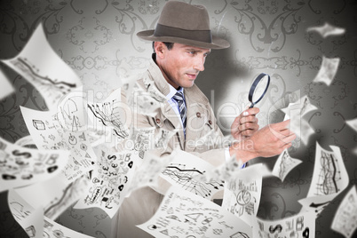 Composite image of spy looking through magnifier