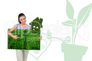 Composite image of woman pointing lawn book
