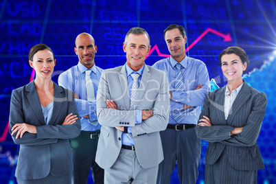 Composite image of business team working happily together on lap