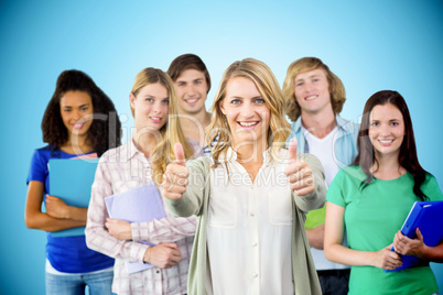 Composite image of college students gesturing thumbs up